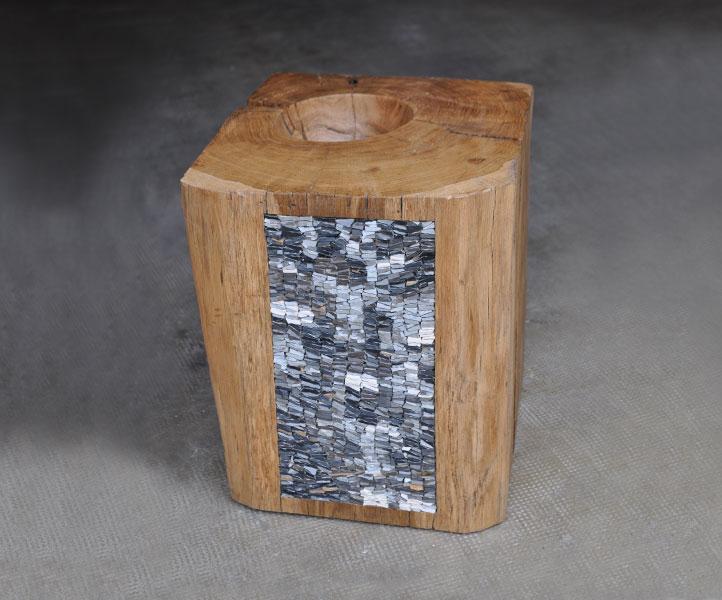 Cubes of solid wood encrusted with mosaic