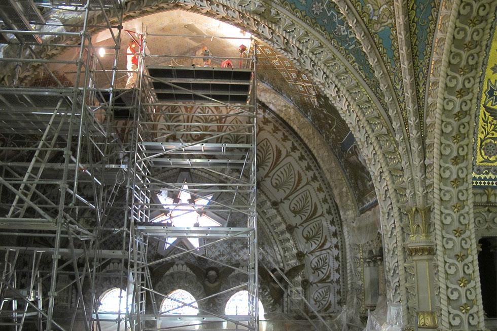 Scaffolding for a removal operation on a side chapel.