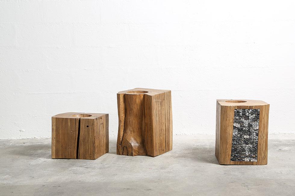 3 mosaicubes, cubes of solid oak, encrusted with mosaic