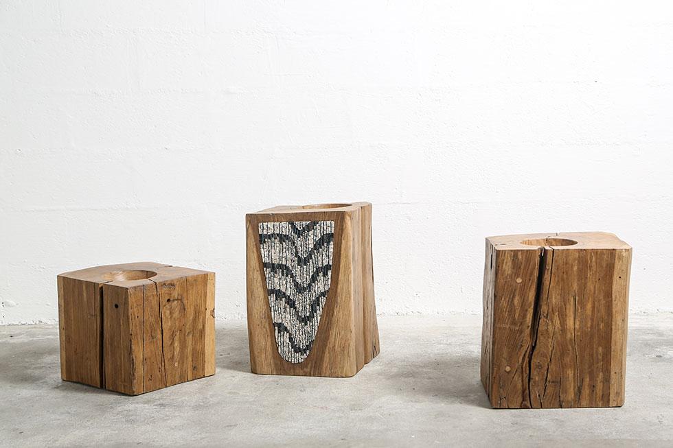 3 mosaicubes, cubes of solid oak, encrusted with mosaic