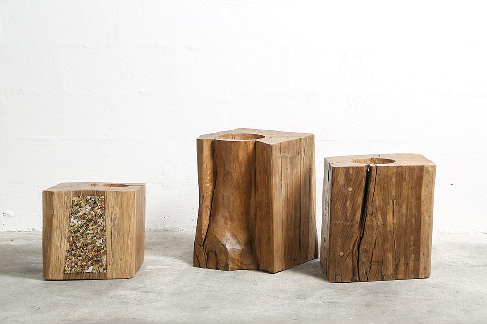 3 mosaicubes, cubes of solid oak, encrusted with mosaic