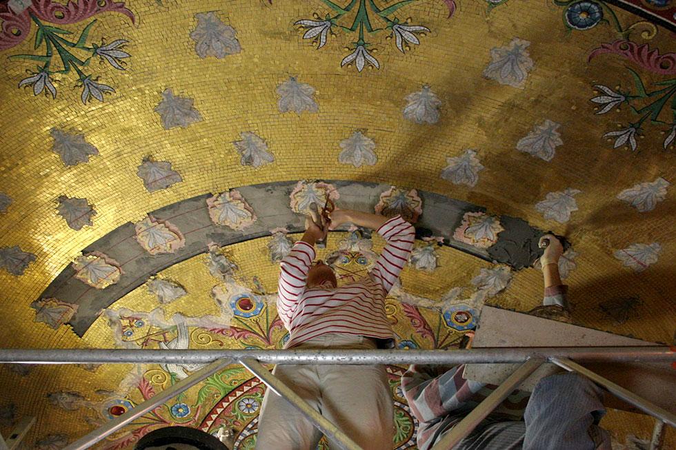 damaged gold tesserae have been removed and replaced with new ones