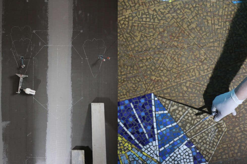 support préparé et pose de la mosaique indirecte en cours 