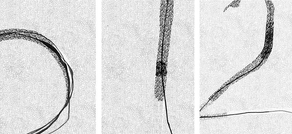 seuil d'ascenseurs en mosaïque, dessins des niveaux zéro, un et deux.
