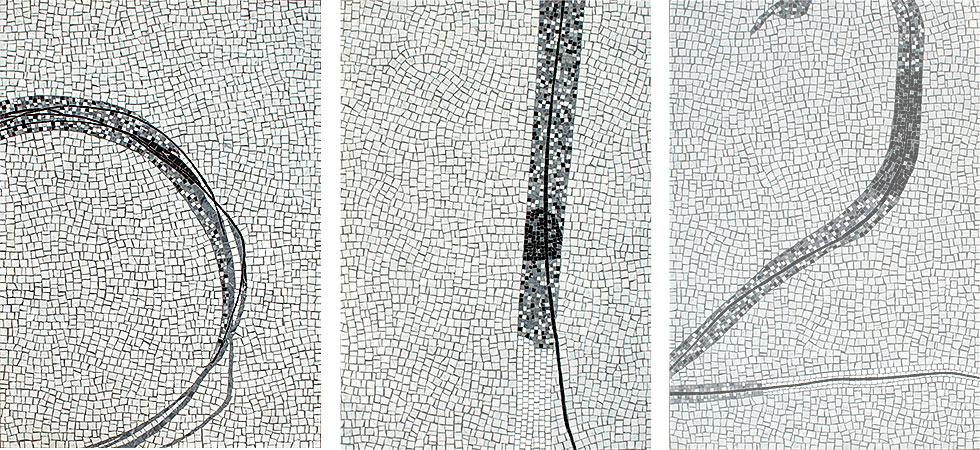 seuil d'ascenseurs en mosaïque, mosaïques des niveaux zéro, un et deux.